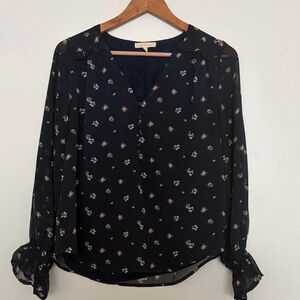 Navy Promesa Sheer Floral Button-Front Blouse